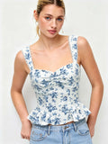 Summer New White-base Top With Blue Floral Print Strapless Style by Ricaloux