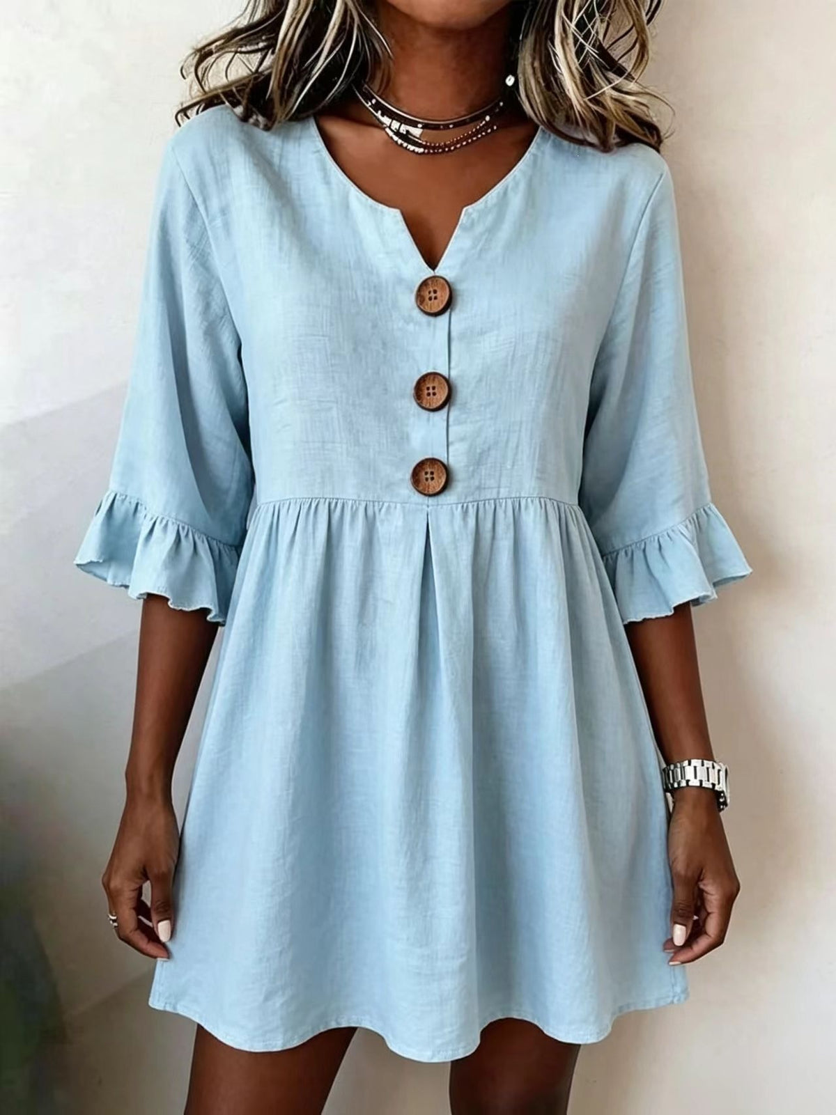 Womens V-neck Cotton-linen Side-detailed Dress – Premium 0 | RICALOUX