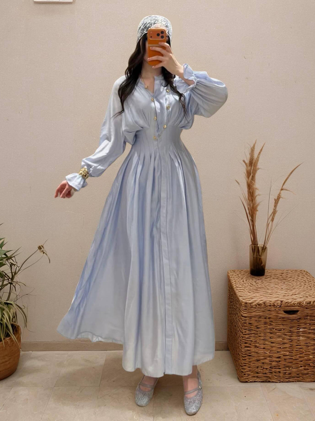 Puff Long Sleeve Gathered Waist Button Front Flowy Dress – Premium 4 | RICALOUX