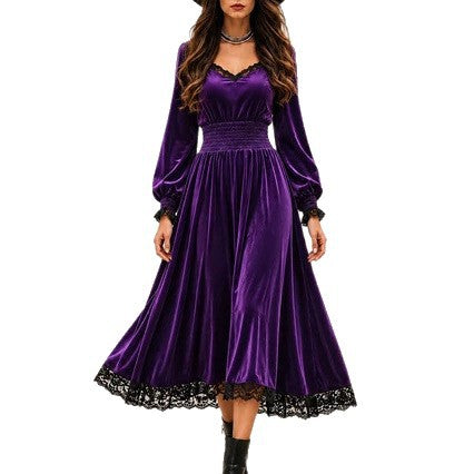 Casual Autumn Lace-Patchwork Velvet Evening Dress by Ricaloux