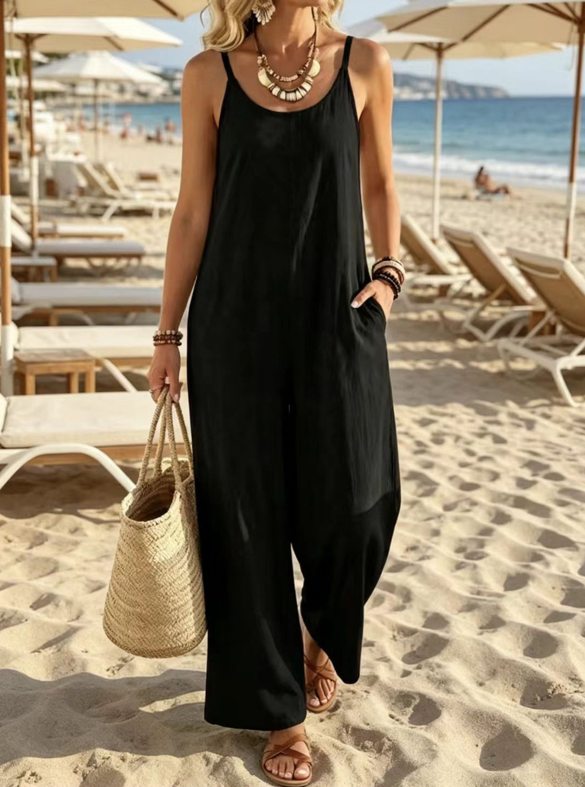 Womens Casual Resort-style Loose-fit Strap Solid-color Jumpsuit – Premium 0 | RICALOUX