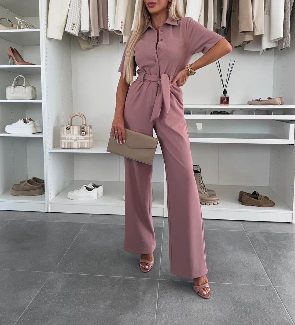 Womens Shirt-collar Short-sleeved Tie-detail Jumpsuit – Premium 0 | RICALOUX