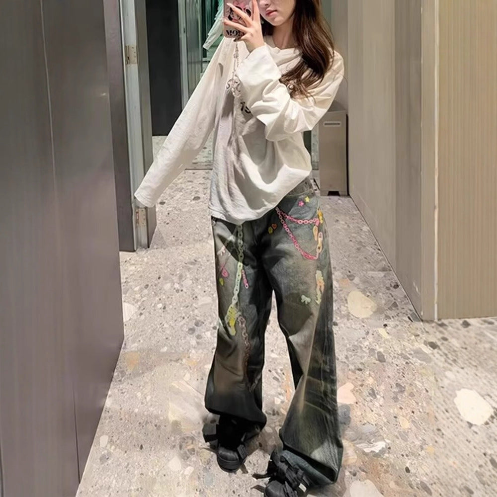 Womens Floor-length Printed Denim Jeans With A Chain Detail – Premium 0 | RICALOUX