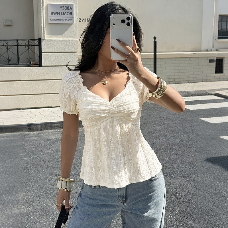 Solid-color V-neck Jacquard Pleated Puff-sleeve Top For Women – Premium 0 | RICALOUX