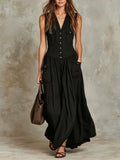 Relaxed-fit Sleeveless Casual V-neck Vintage Dress With Buttons by Ricaloux