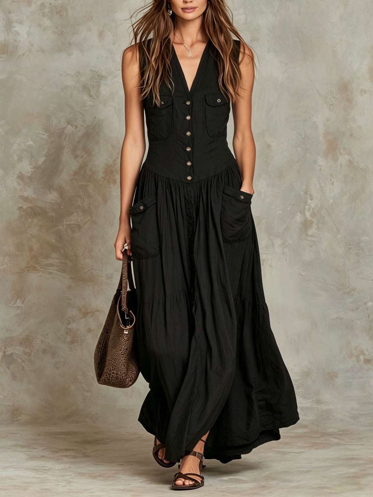 Relaxed-fit Sleeveless Casual V-neck Vintage Dress With Buttons by Ricaloux