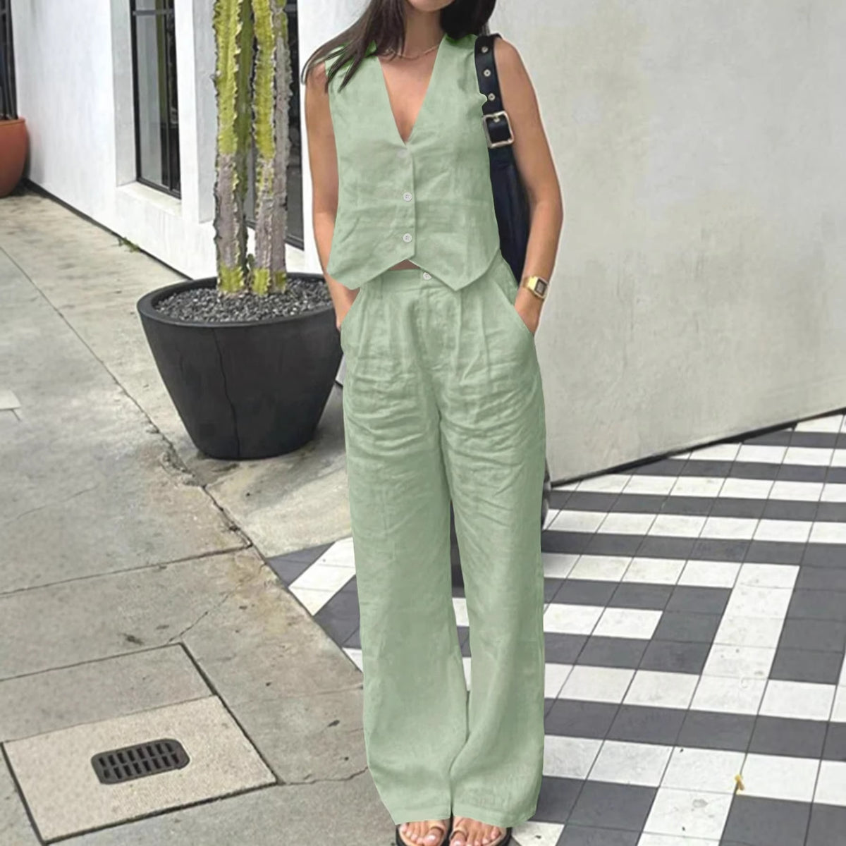 Fabric V-neck Vest High-waisted Wide-leg Pants Casual Two-piece Set by Ricaloux