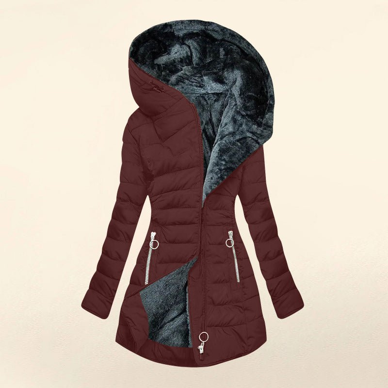 Women's Plush Hooded Mid-length Oblique Zipper Cotton-padded Coat - RICALOUX