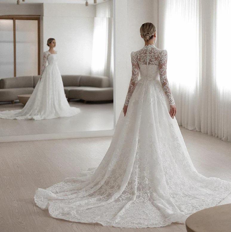 Embroidered Long Sleeve Trailing Wedding Dress - RICALOUX