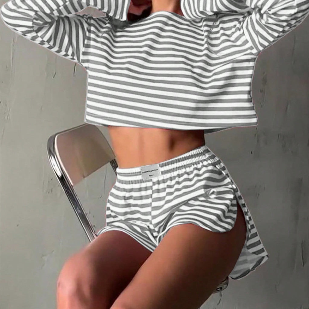 Comfortable And Stylish Knitted Striped Long-sleeve Pajama Set With Shorts by Ricaloux