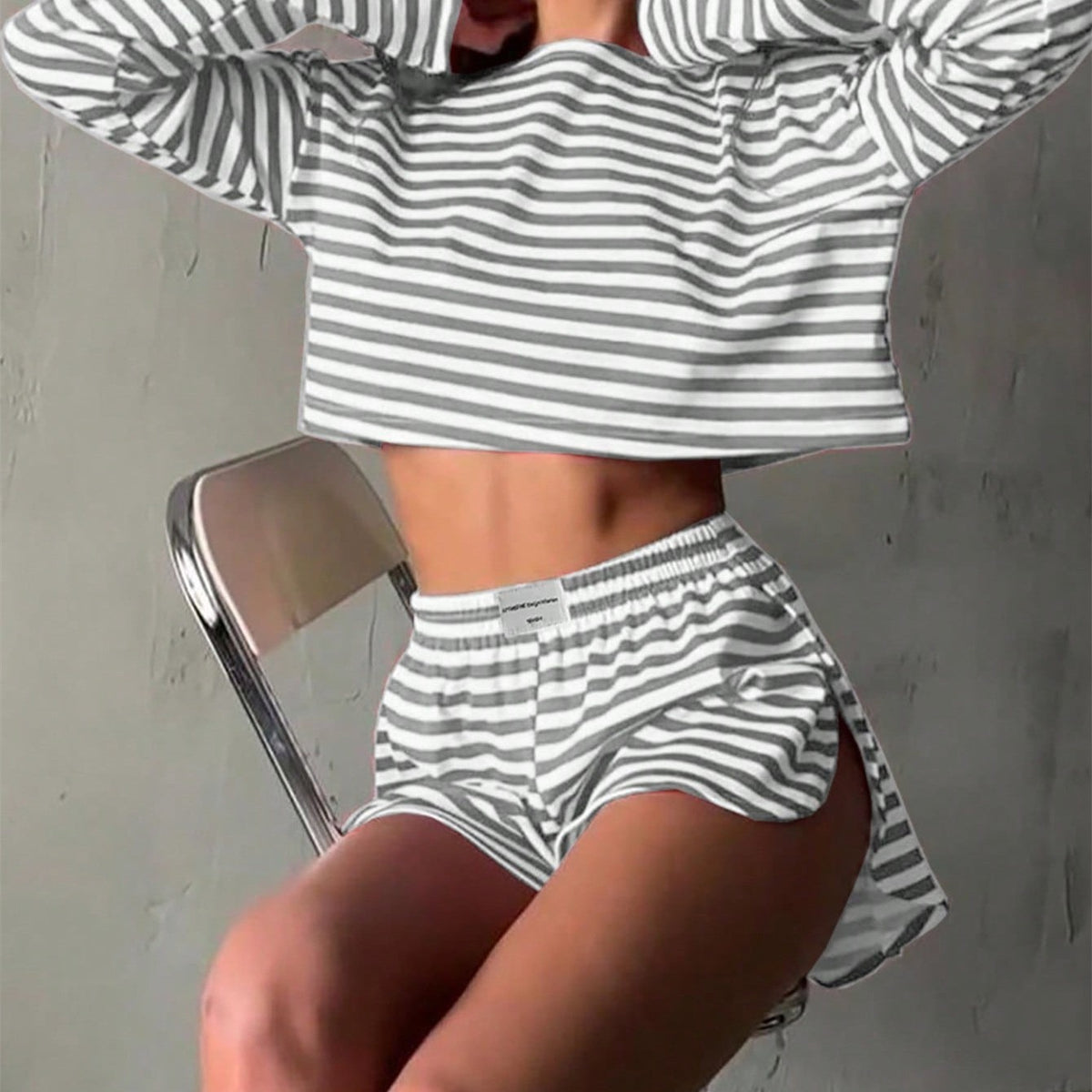 Comfortable And Stylish Knitted Striped Long-sleeve Pajama Set With Shorts by Ricaloux