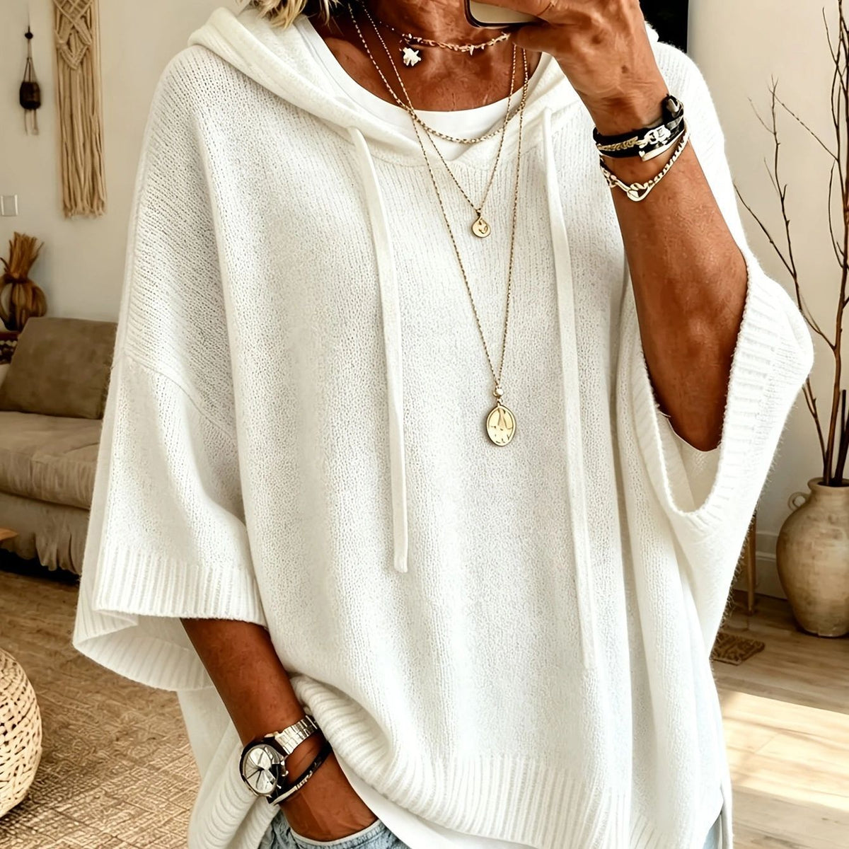 Womens Knitted New-Style Hooded Drawstring Sweater by Ricaloux