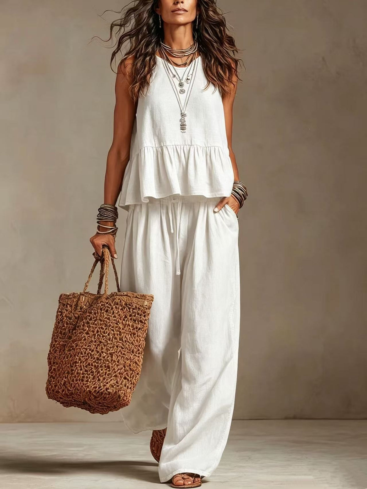 V-Neck Ruffle Hem Sleeveless Crop Top & High Waist Wide Leg Linen Pants Two Piece Outfit Set by Ricaloux