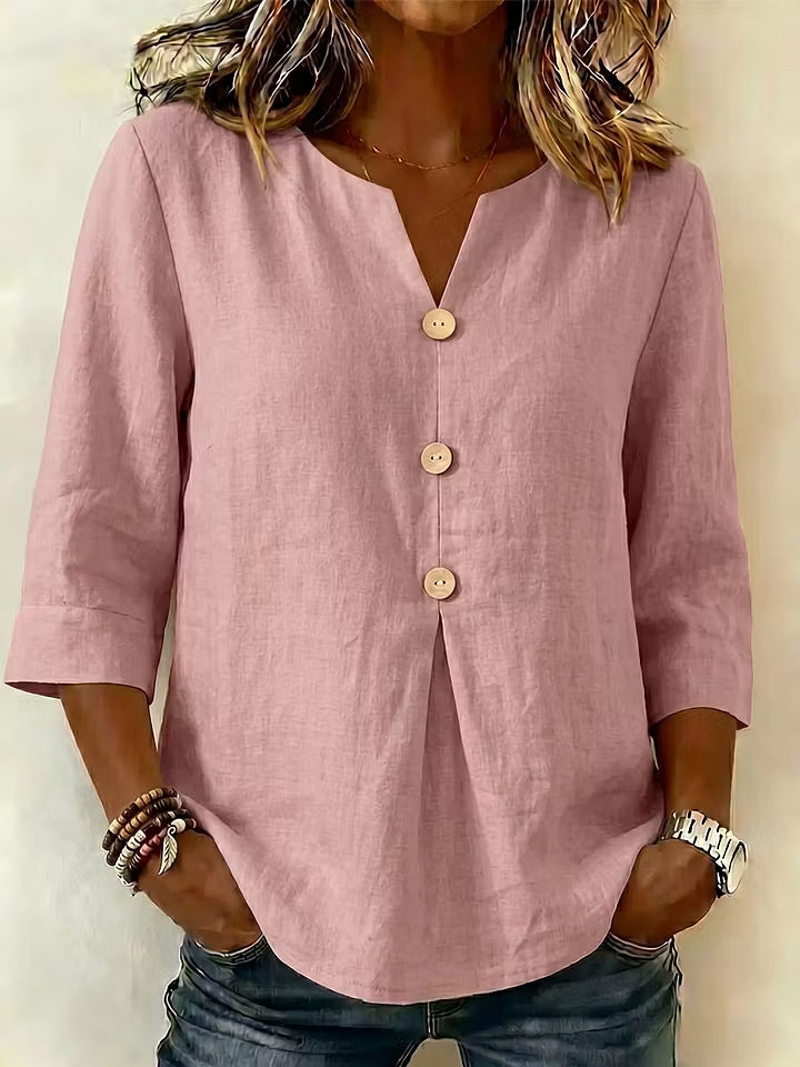 Solid-color V-neck Three-quarter-sleeve Casual Loose-fit Cotton-linen Top by Ricaloux