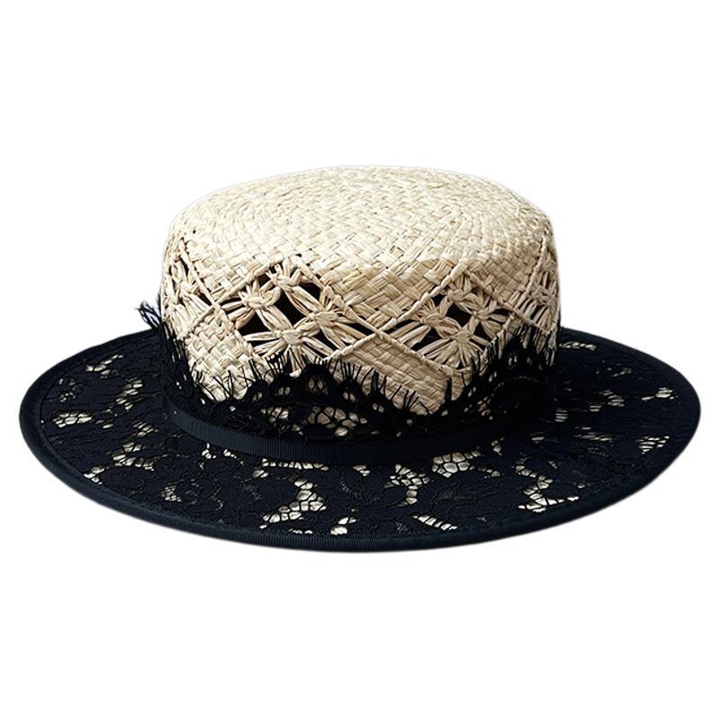 Hand-knitted Raffia Flat-Top Womens Vintage Lace Straw Sun Hat by Ricaloux