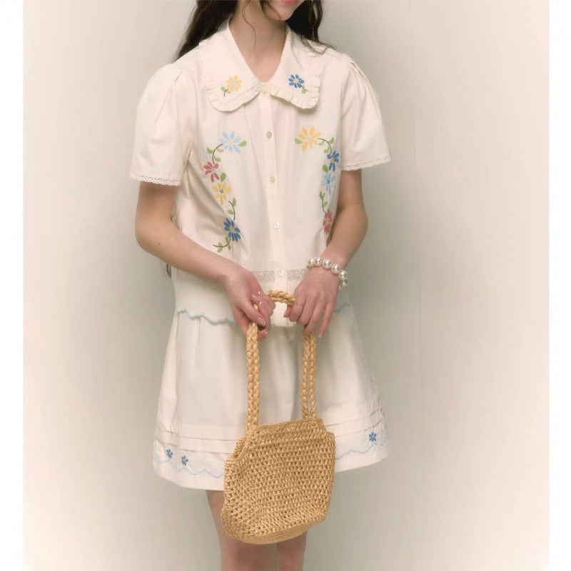Retro Sweet Floral Embroidered Peter Pan Collar Shirt And Skirt Set by Ricaloux