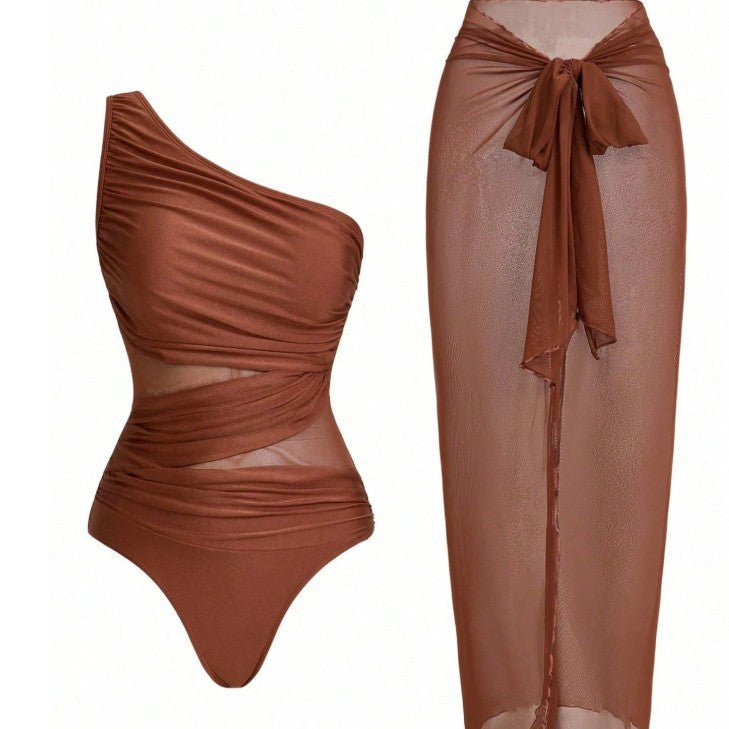 Mesh One-piece Swimsuit For Women European And American Style Tummy Covering And Figureflattering With A Wrap Skirt – Premium 0 | RICALOUX