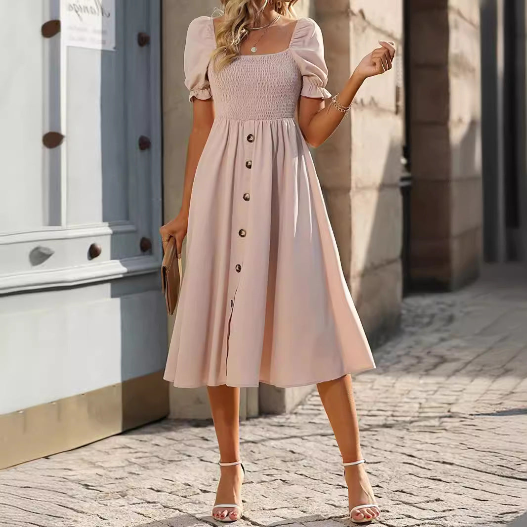 Womens Square-neck Pleated Short-sleeve Dress With Buttons by Ricaloux
