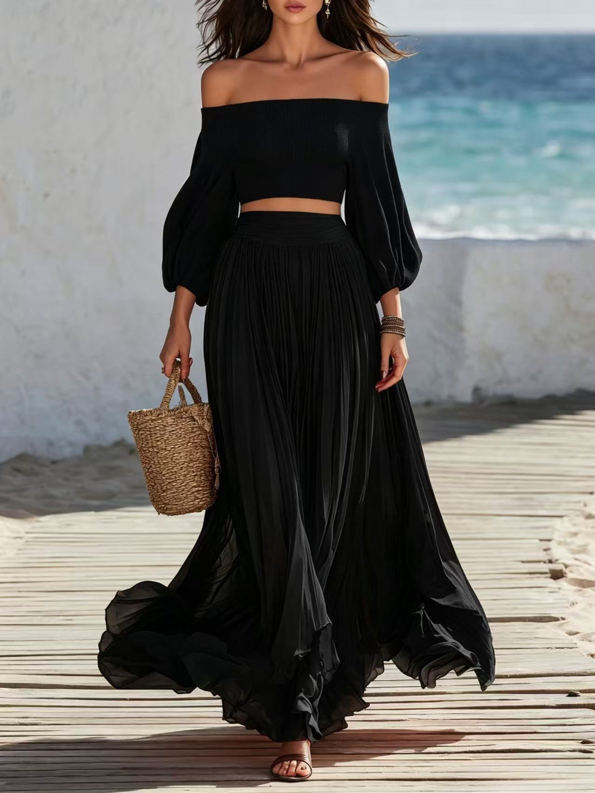 Off-shoulder Strapless Top With Bubble Sleeves And Skirt Set by Ricaloux