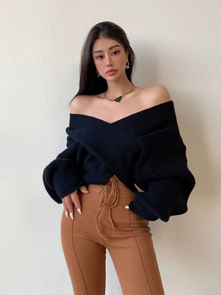 V-neck Solid-color Off-shoulder Knit Pullover For Women – Premium 0 | RICALOUX