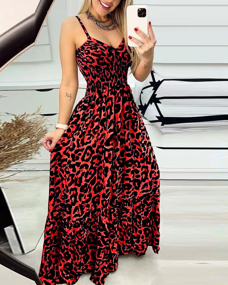 Women's Leopard Print Spaghetti Strap Tiered Maxi Dress V-Neck Smocked Waist Flowy Long Dress For Summer – Premium 4 | RICALOUX