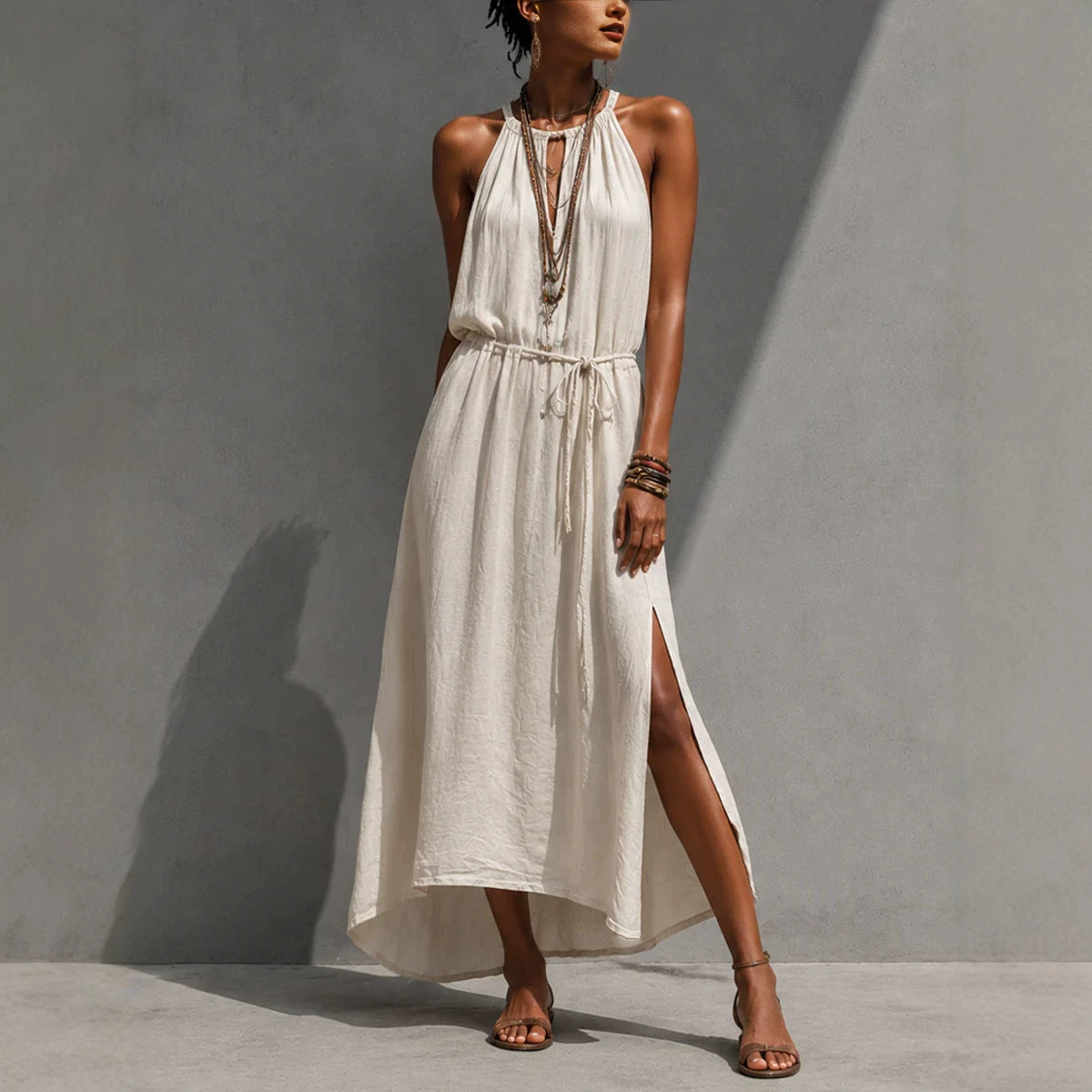 Backless Lace-up Slit Maxi Loose-fitting Dress by Ricaloux