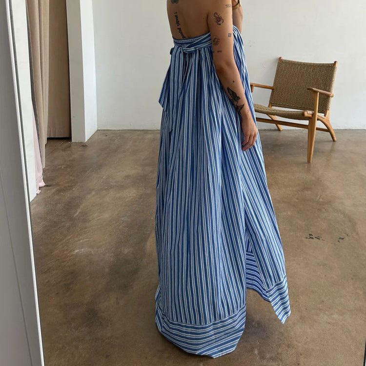 Strapless Blue And White Striped Maxi Dress by Ricaloux