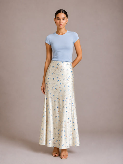 Base Ditsy Floral Print High Waist Satin Mermaid Midi Slip Skirt by Ricaloux