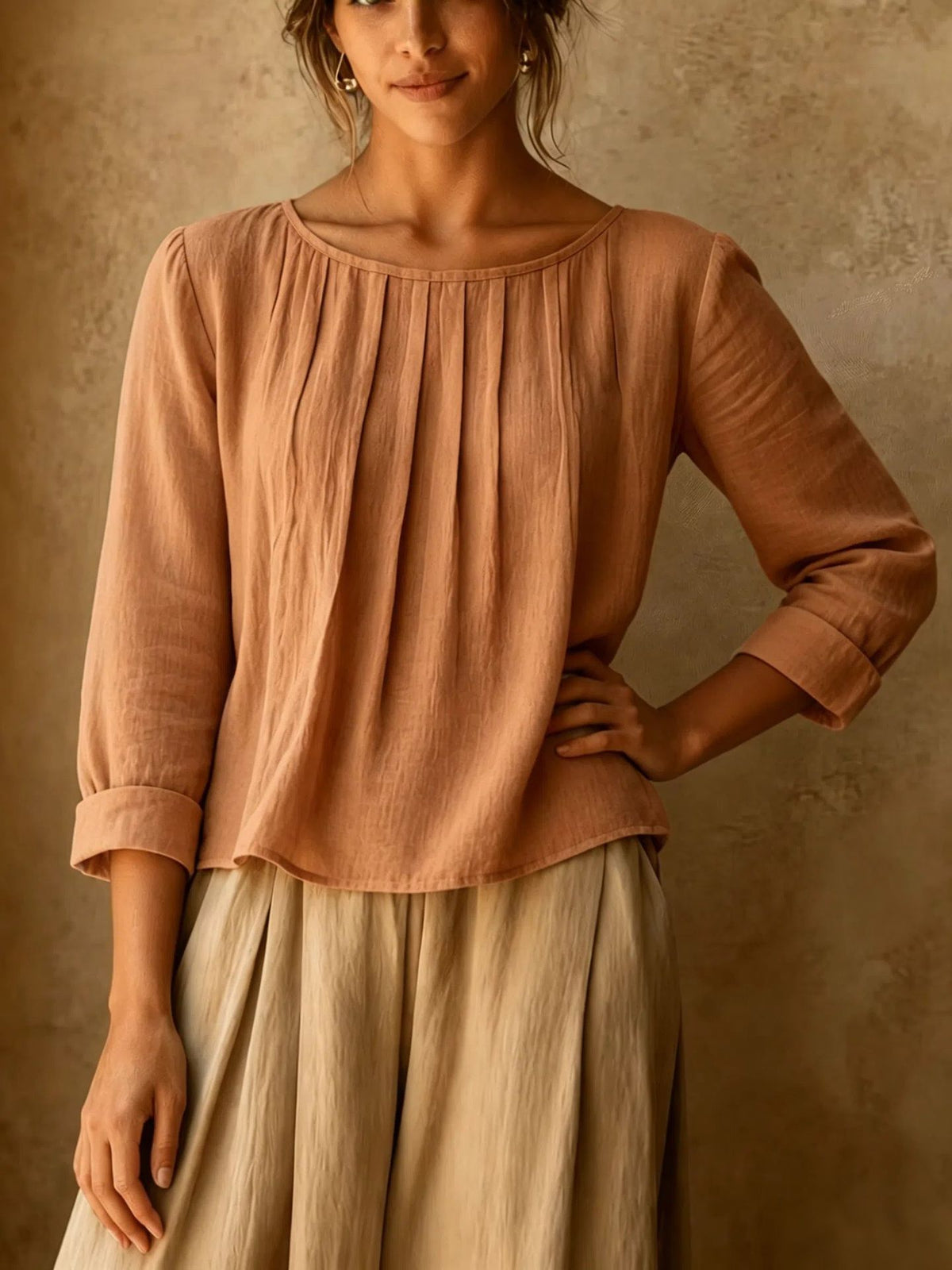 Womens Cotton-linen Top Loose-fit Round-neck Shirt by Ricaloux