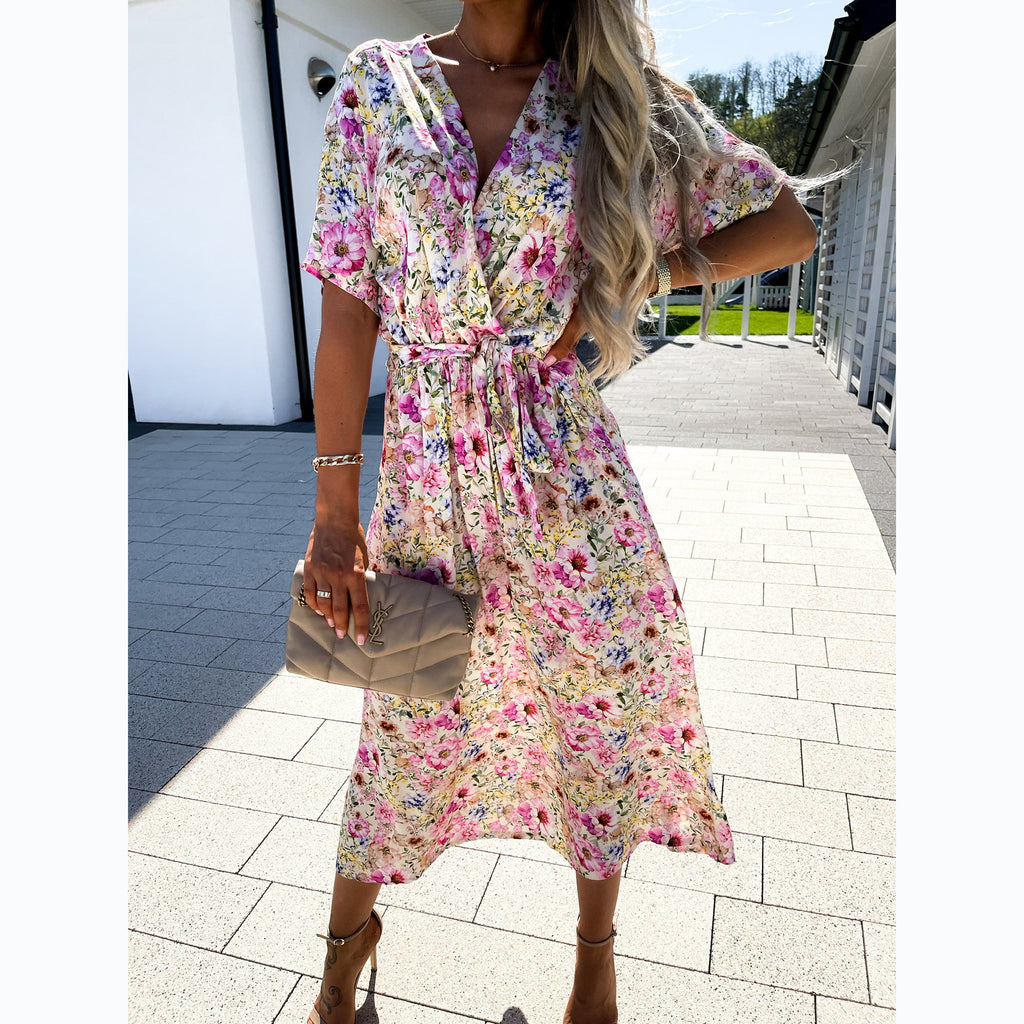 Womens Fashion Floral V-Neck Defined Waist Short-Sleeve Dress by Ricaloux