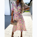Womens Fashion Floral V-Neck Defined Waist Short-Sleeve Dress by Ricaloux