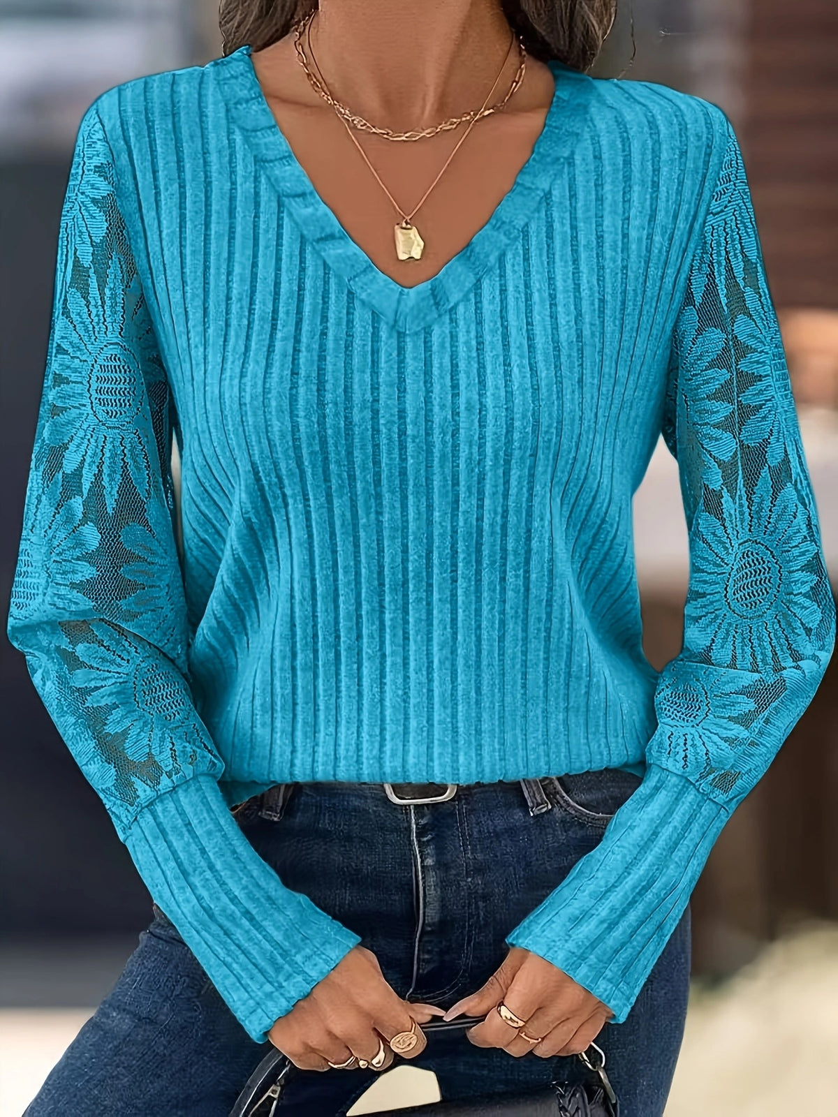 Knitted Patchwork Lace Long-sleeved Top by Ricaloux