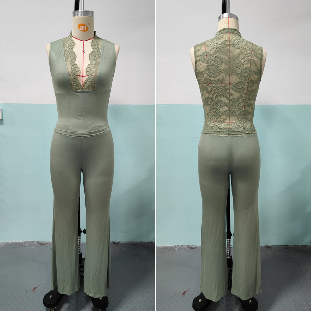 Sexy Womens Deep-V-neck Top And Pants Two-piece Set by Ricaloux