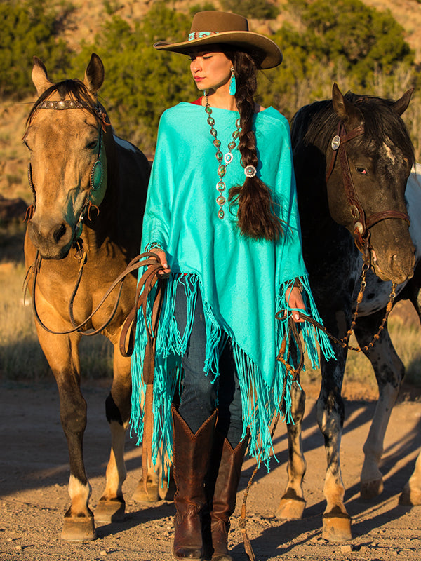 Cashmere Fringe Poncho - Aqua by Ricaloux