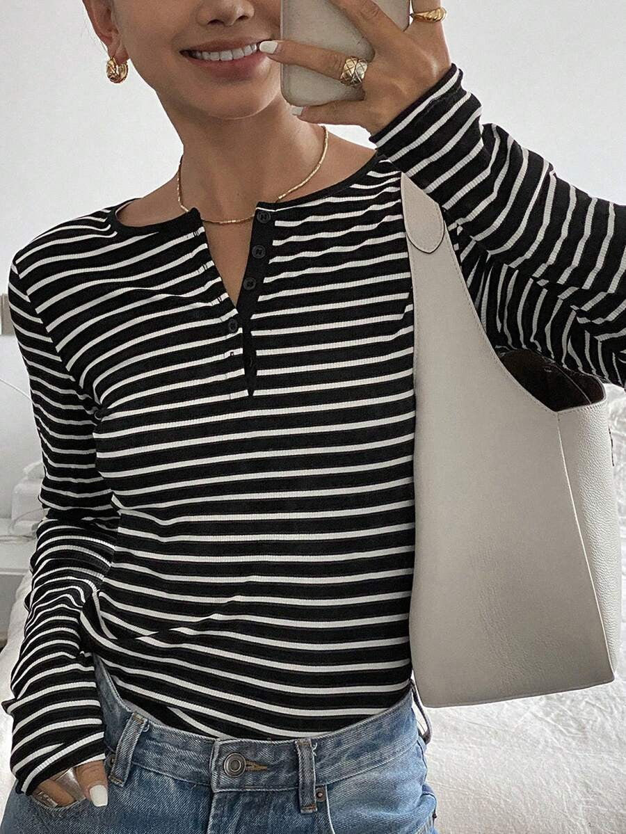Striped Loose-Fit Long-Sleeve T-Shirt Casual Fashion Top For Women – Premium 0 | RICALOUX