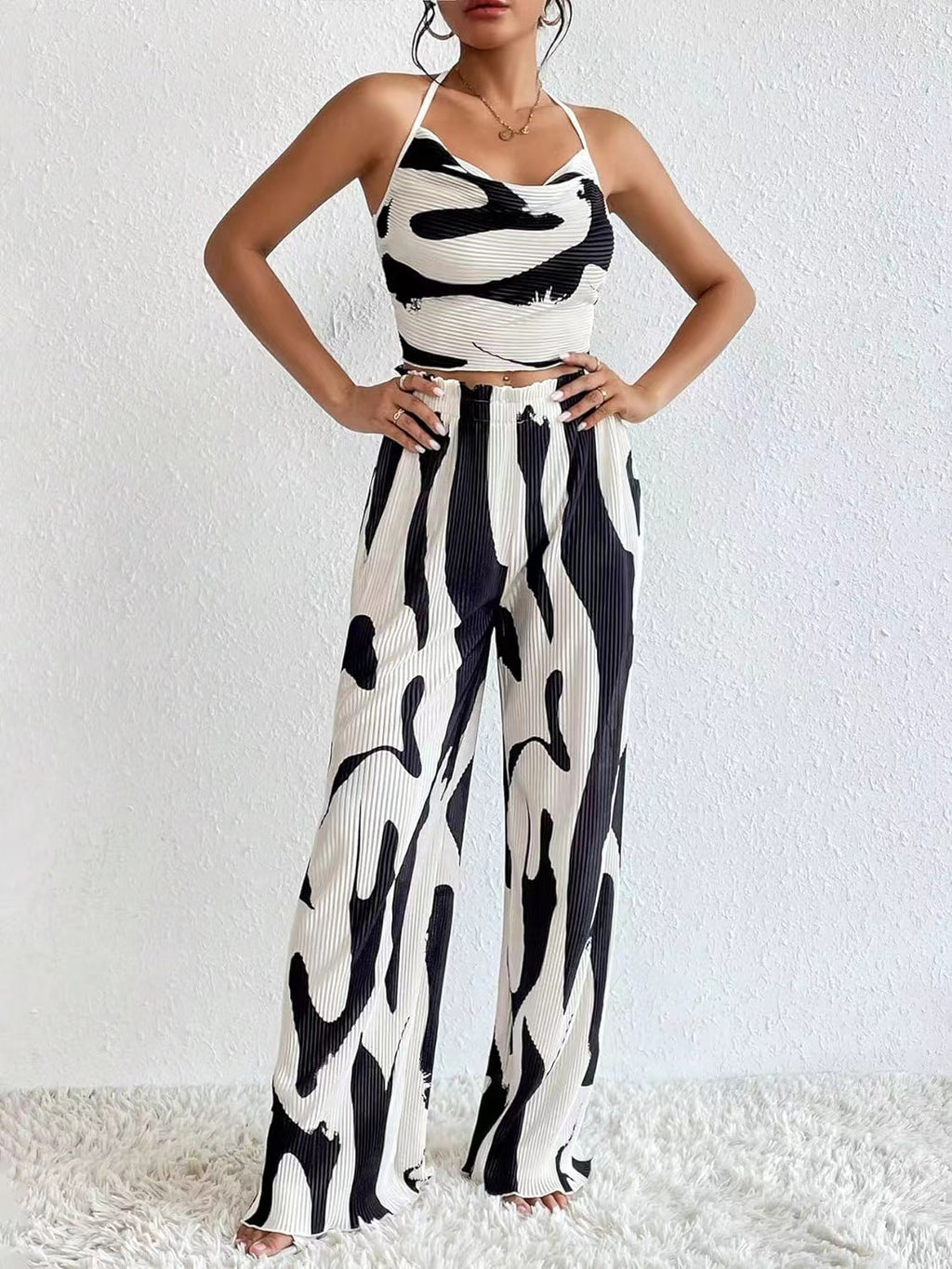 Large-Check Print Halterneck Wide-Leg Pants Casual Set by Ricaloux
