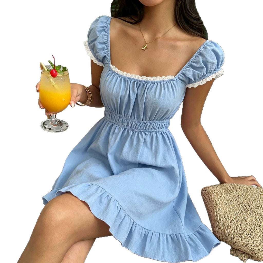 Summer French-Style Square-Neck Puff-Sleeve A-Line Dress For Women – Premium 0 | RICALOUX