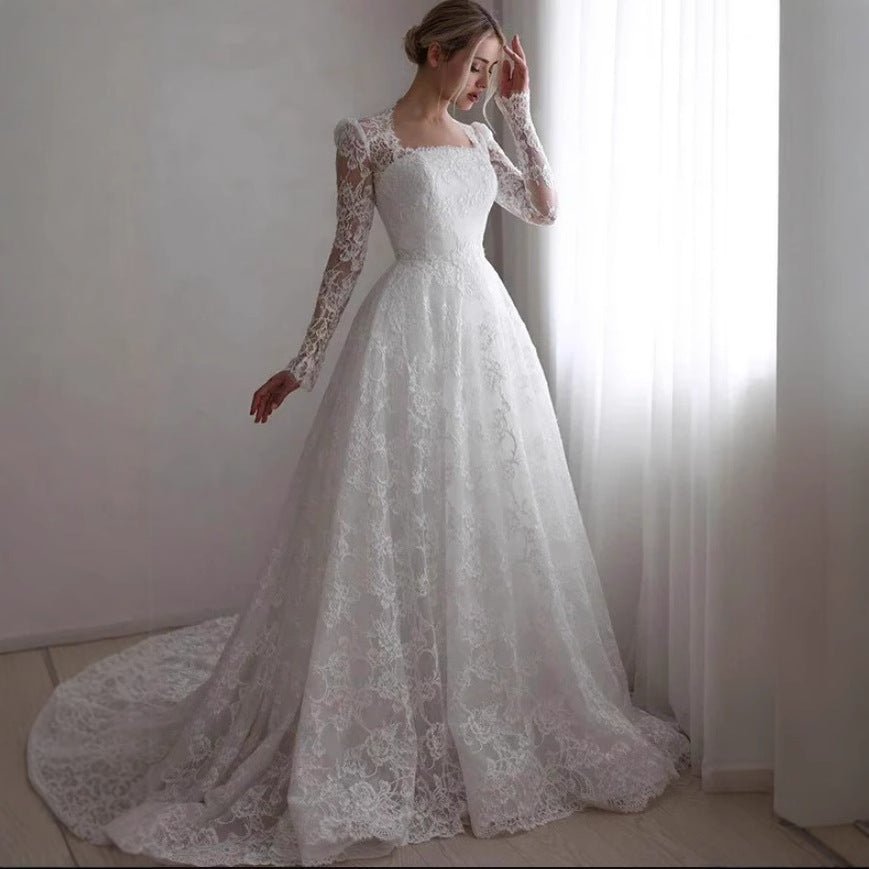 Embroidered Long Sleeve Trailing Wedding Dress - RICALOUX