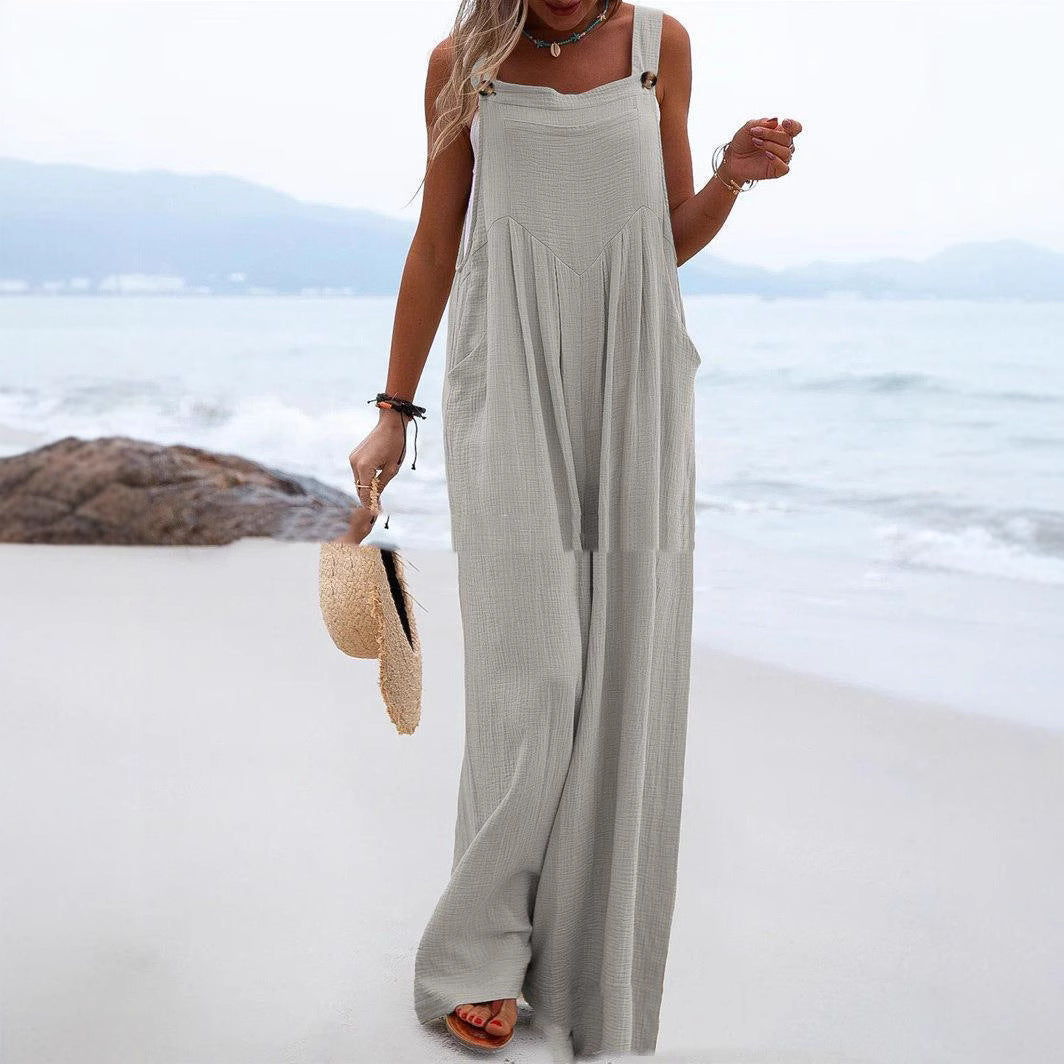 Sleeveless Wide-leg Buttoned Ethnic-style Jumpsuit by Ricaloux