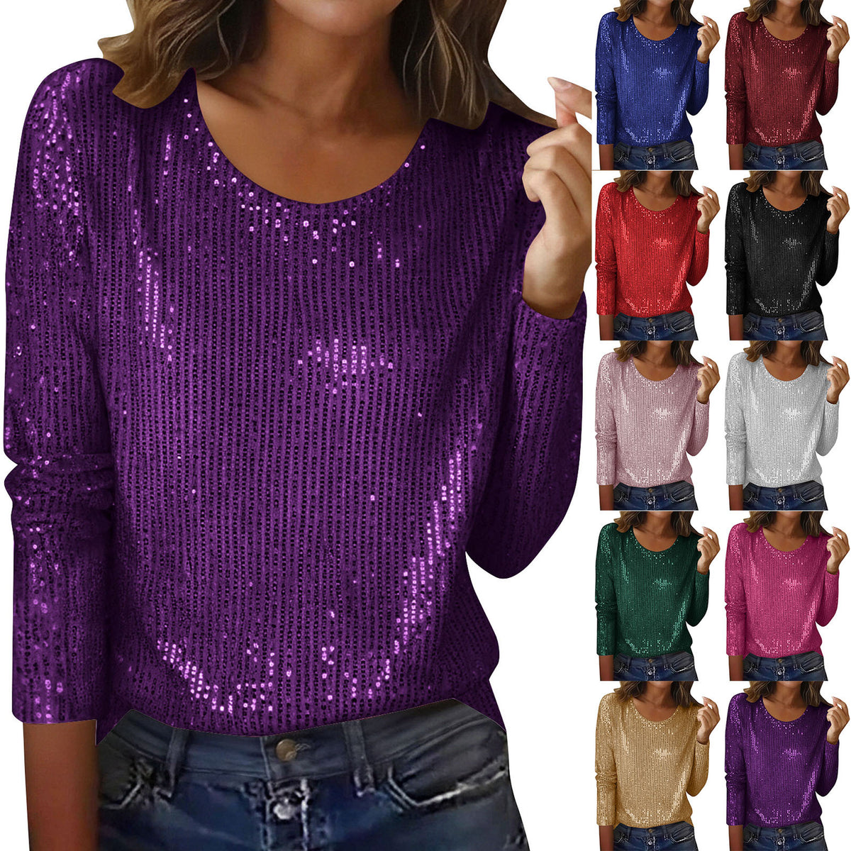 Womens Casual Sequined Crew-neck Long-sleeve Top – Premium 0 | RICALOUX