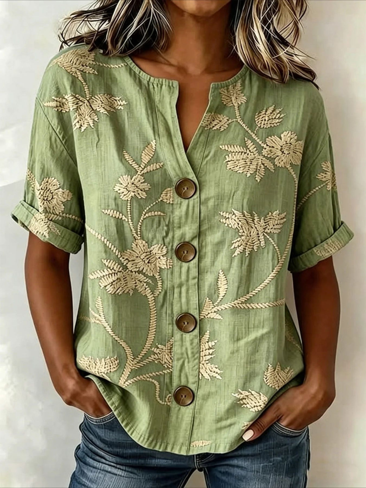 Lantern-sleeve Printed Button-up Womens Blouse by Ricaloux