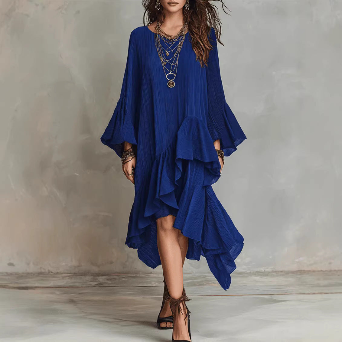 Womens Solid-color Elegant Asymmetrical Ruffled Dress by Ricaloux