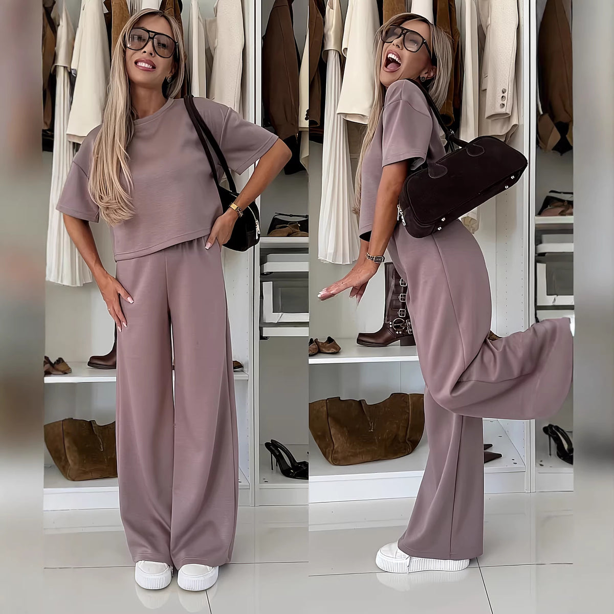 Short-sleeve Top And Wide-leg Pants Rose-pink Two-piece Womens Set – Premium 0 | RICALOUX