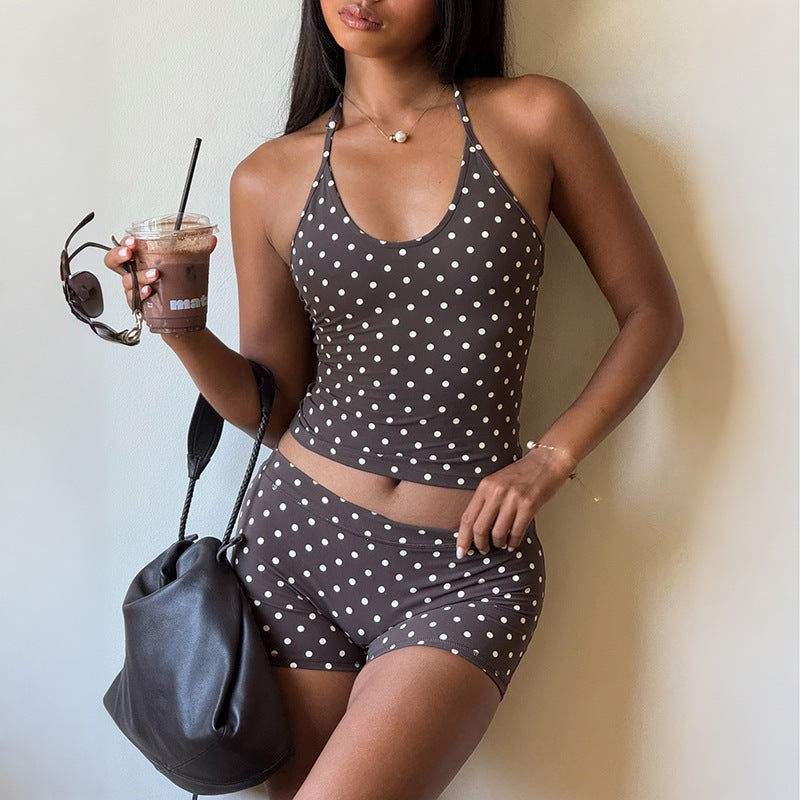 Halterneck Off-Shoulder Top With Polka-Dot Print And Low-Rise Shorts Set – Premium 0 | RICALOUX