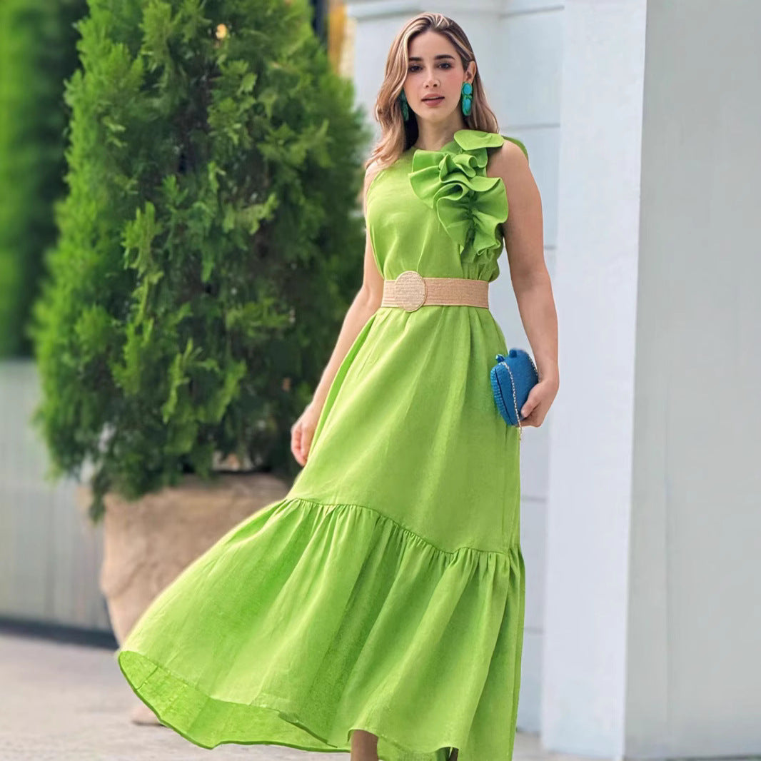 Ruffled-Trim Round-Neck Sleeveless Fashionable Casual Dress – Premium 0 | RICALOUX