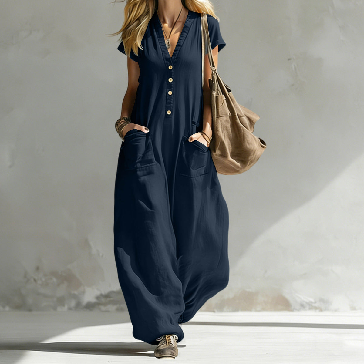 Womens Solid-Color V-Neck Short-Sleeve Jumpsuit by Ricaloux