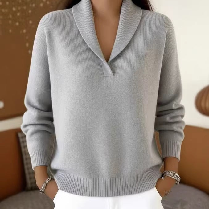 Fashionable Solid-color V-neck Long-sleeve Loose-fit Pullover by Ricaloux