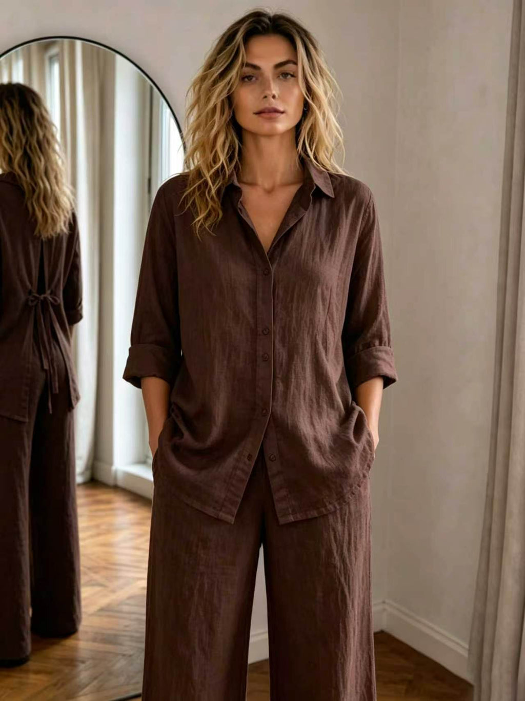 New Casual Solid-Color Trousers Summer Loose Single-Breasted Crepe Shirt Set by Ricaloux