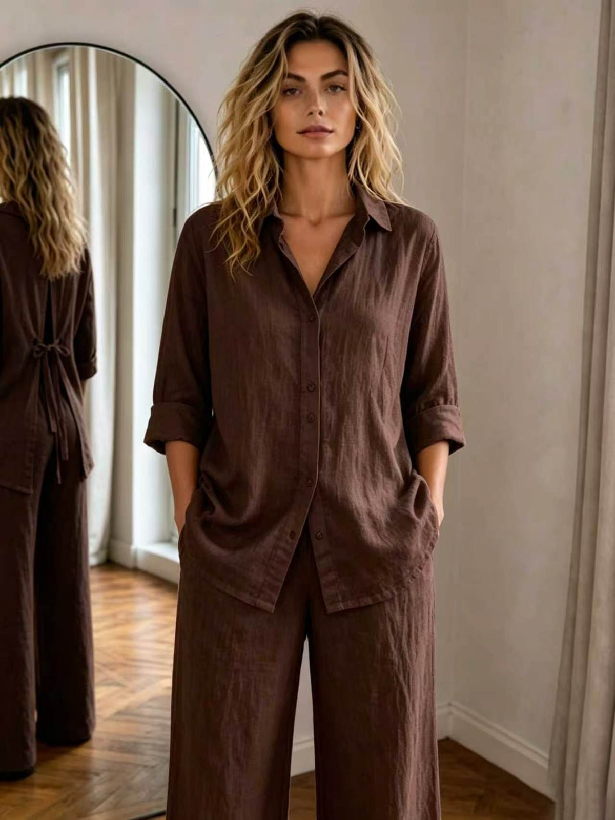 New Casual Solid-Color Trousers Summer Loose Single-Breasted Crepe Shirt Set by Ricaloux