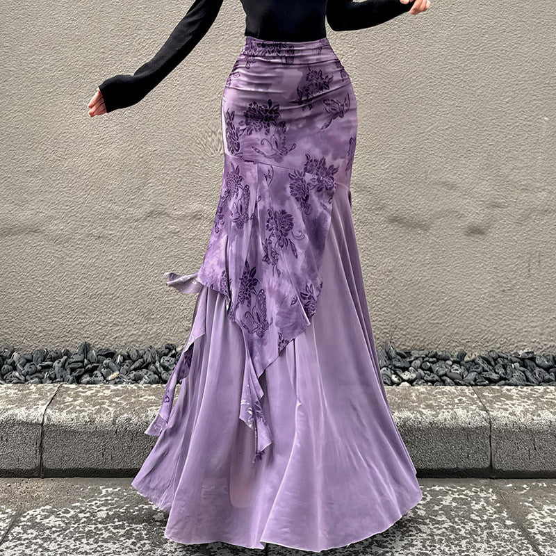 Irregular Purple Floral-print Mesh Patchwork Skirt by Ricaloux